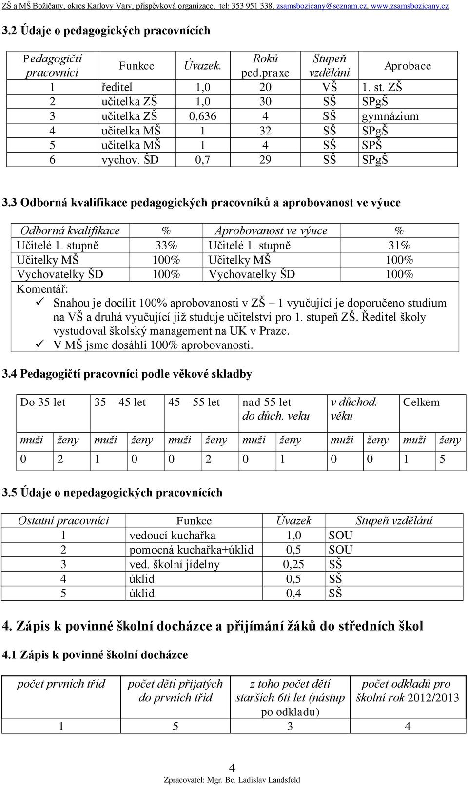 3 Odborná kvalifikace pedagogických pracovníků a aprobovanost ve výuce Odborná kvalifikace % Aprobovanost ve výuce % Učitelé 1. stupně 33% Učitelé 1.