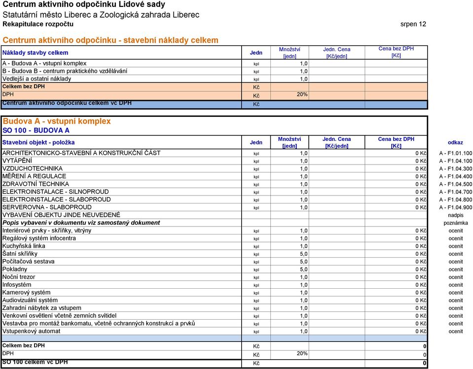 odpočinku celkem vč DPH Kč. Cena Budova A - vstupní komplex SO 100 - BUDOVA A Množství. Cena ARCHITEKTONICKO-STAVEBNÍ A KONSTRUKČNÍ ČÁST kpl 1,0 0 Kč A - F1.01.100 VYTÁPĚNÍ kpl 1,0 0 Kč A - F1.04.