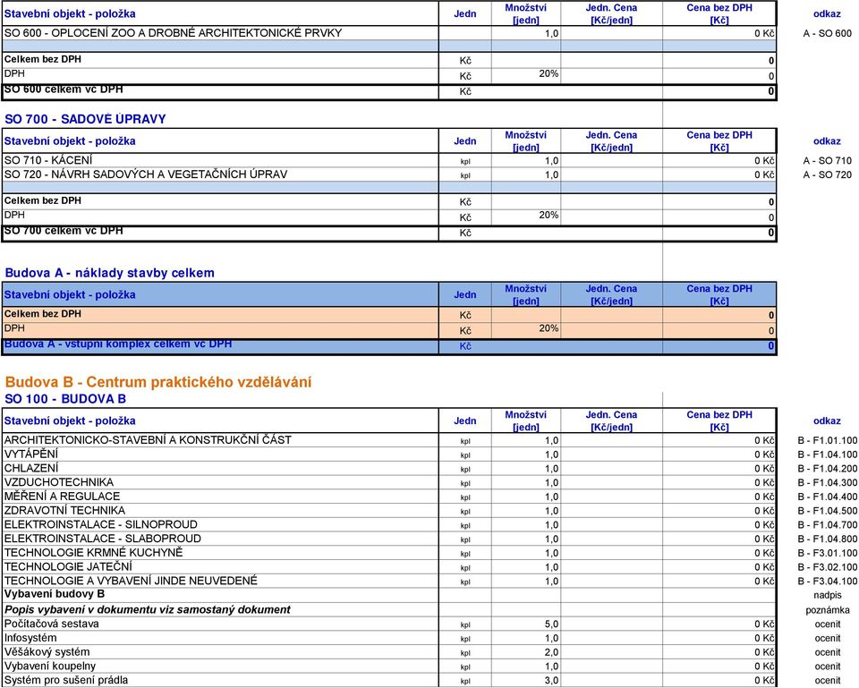 Cena Budova A - vstupní komplex celkem vč DPH Kč 0 Budova B - Centrum praktického vzdělávání SO 100 - BUDOVA B Množství. Cena ARCHITEKTONICKO-STAVEBNÍ A KONSTRUKČNÍ ČÁST kpl 1,0 0 Kč B - F1.01.