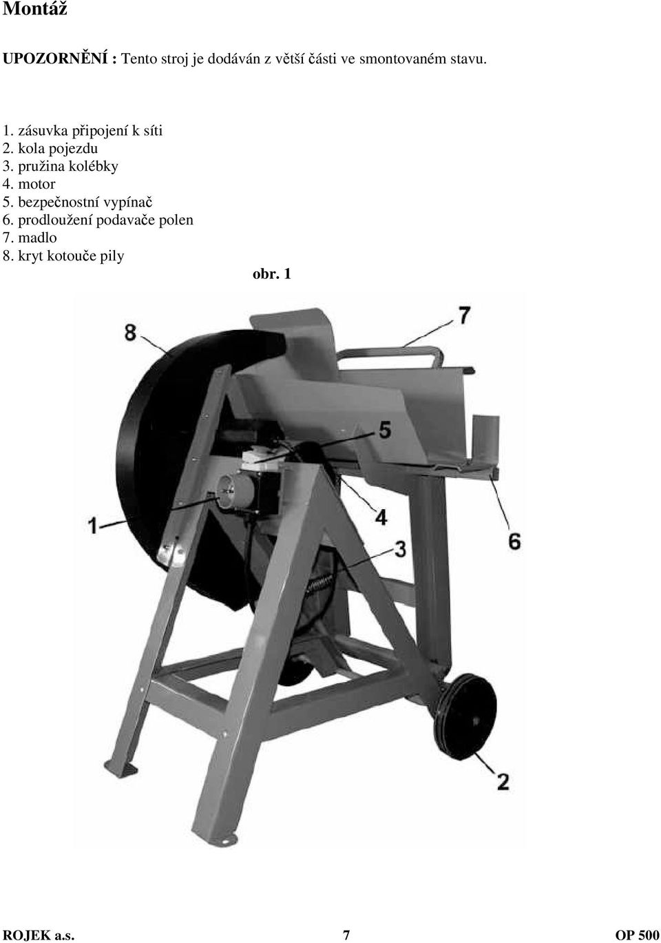 pružina kolébky 4. motor 5. bezpečnostní vypínač 6.