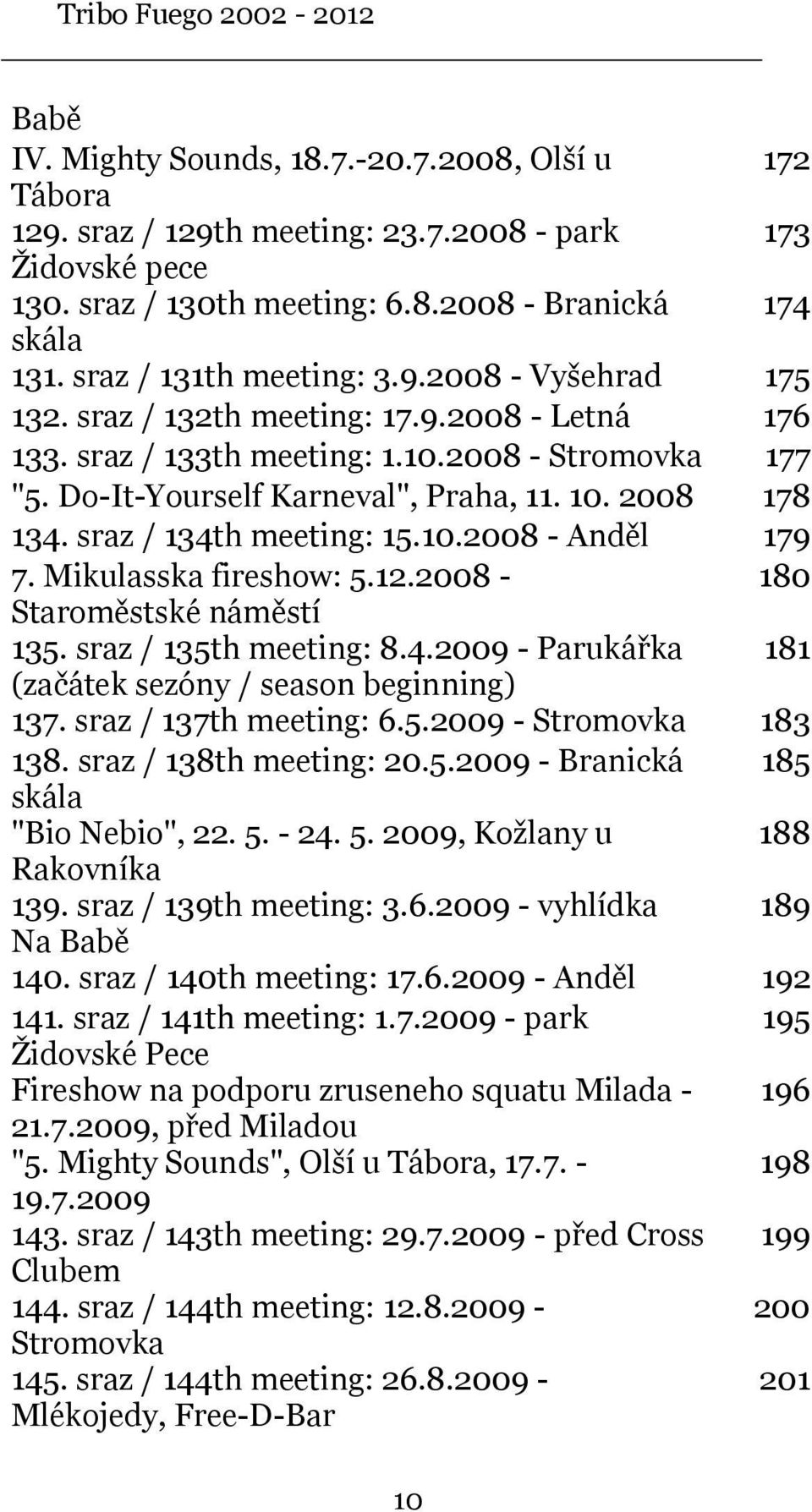 2008 178 134. sraz / 134th meeting: 15.10.2008 - Anděl 179 7. Mikulasska fireshow: 5.12.2008-180 Staroměstské náměstí 135. sraz / 135th meeting: 8.4.2009 - Parukářka 181 (začátek sezóny / season beginning) 137.