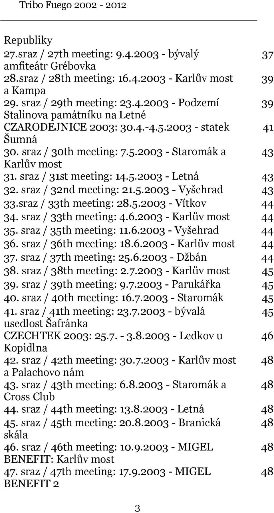 sraz / 33th meeting: 28.5.2003 - Vítkov 44 34. sraz / 33th meeting: 4.6.2003 - Karlův most 44 35. sraz / 35th meeting: 11.6.2003 - Vyšehrad 44 36. sraz / 36th meeting: 18.6.2003 - Karlův most 44 37.