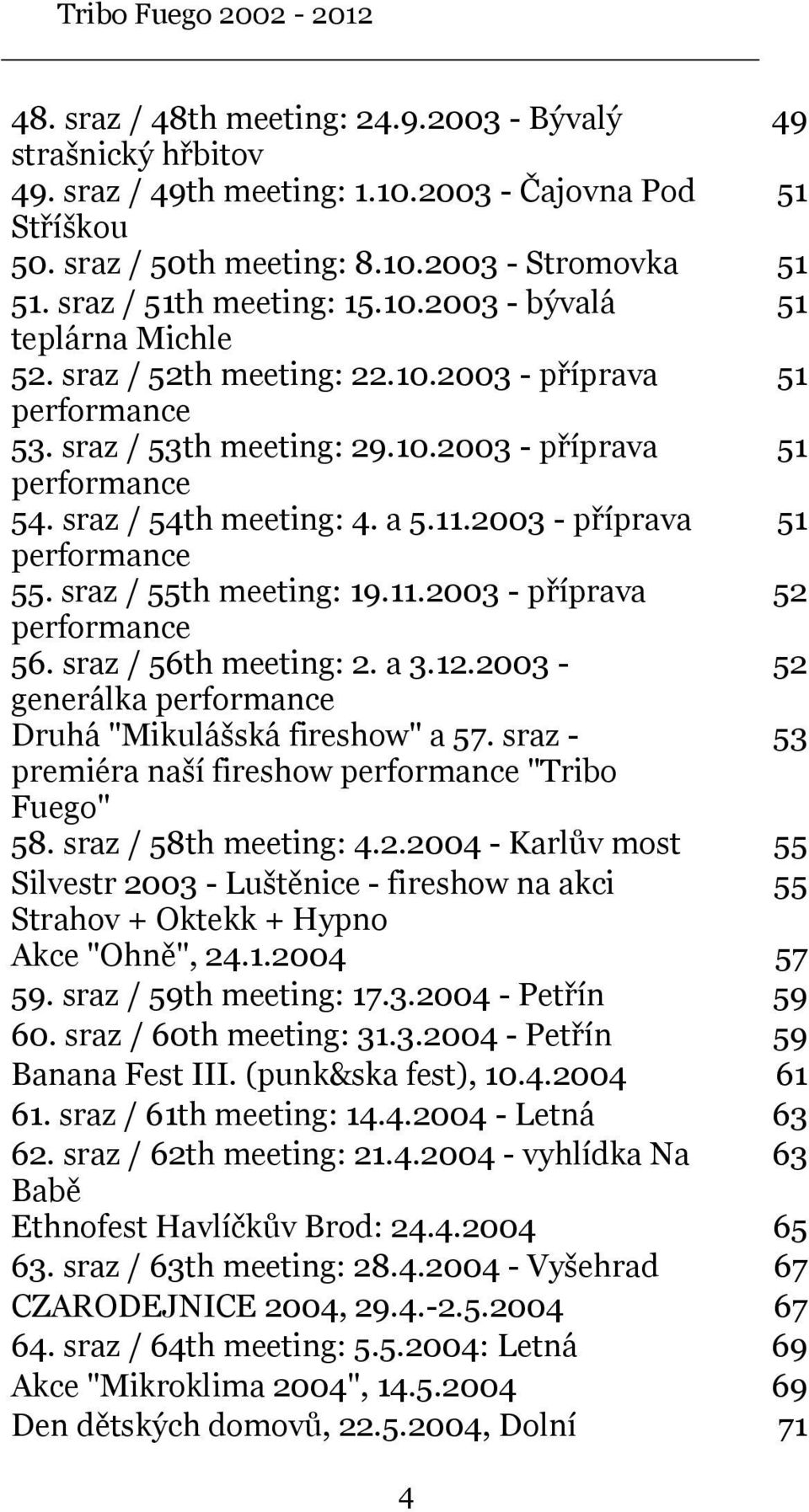 sraz / 54th meeting: 4. a 5.11.2003 - příprava 51 performance 55. sraz / 55th meeting: 19.11.2003 - příprava 52 performance 56. sraz / 56th meeting: 2. a 3.12.