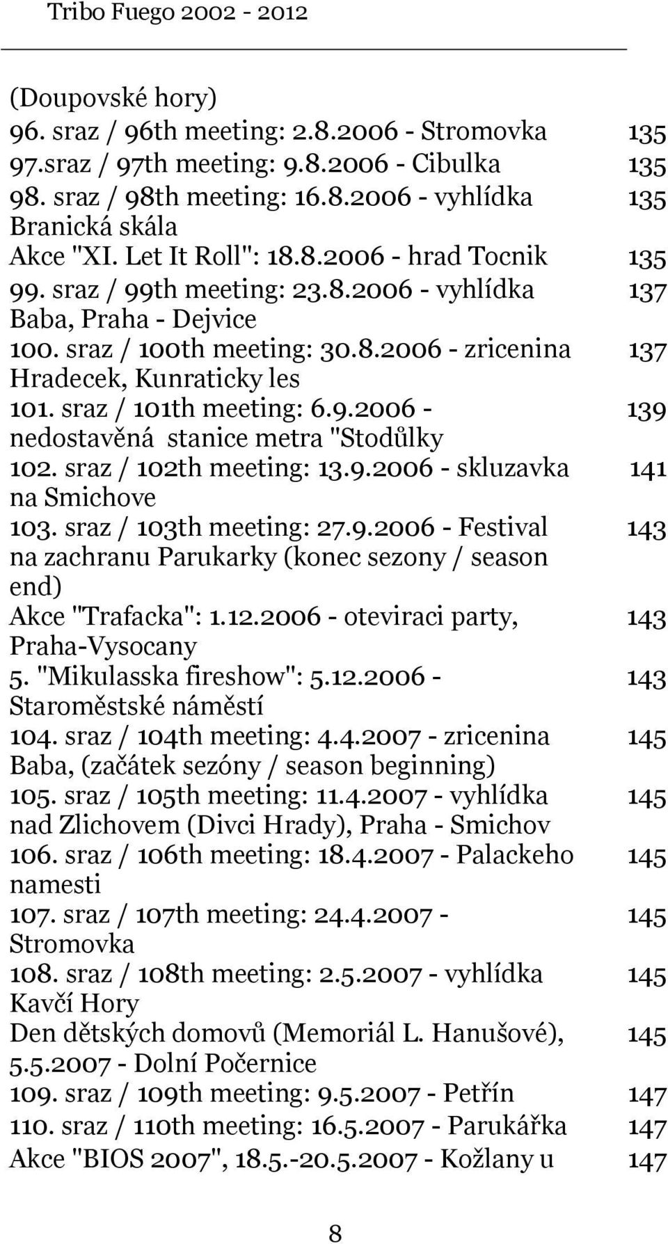 sraz / 101th meeting: 6.9.2006-139 nedostavěná stanice metra "Stodůlky 102. sraz / 102th meeting: 13.9.2006 - skluzavka 141 na Smichove 103. sraz / 103th meeting: 27.9.2006 - Festival 143 na zachranu Parukarky (konec sezony / season end) Akce "Trafacka": 1.