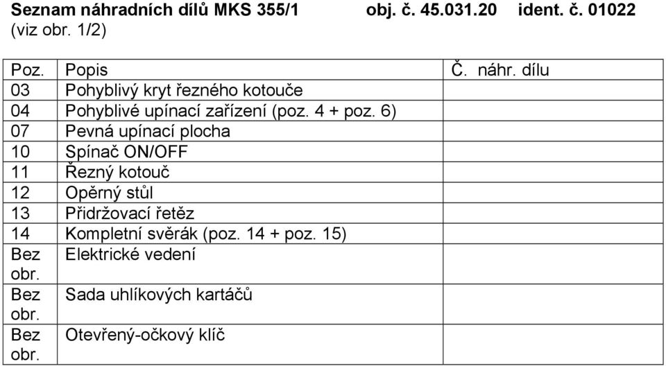 6) 07 Pevná upínací plocha 10 Spínač ON/OFF 11 Řezný kotouč 12 Opěrný stůl 13 Přidržovací řetěz 14