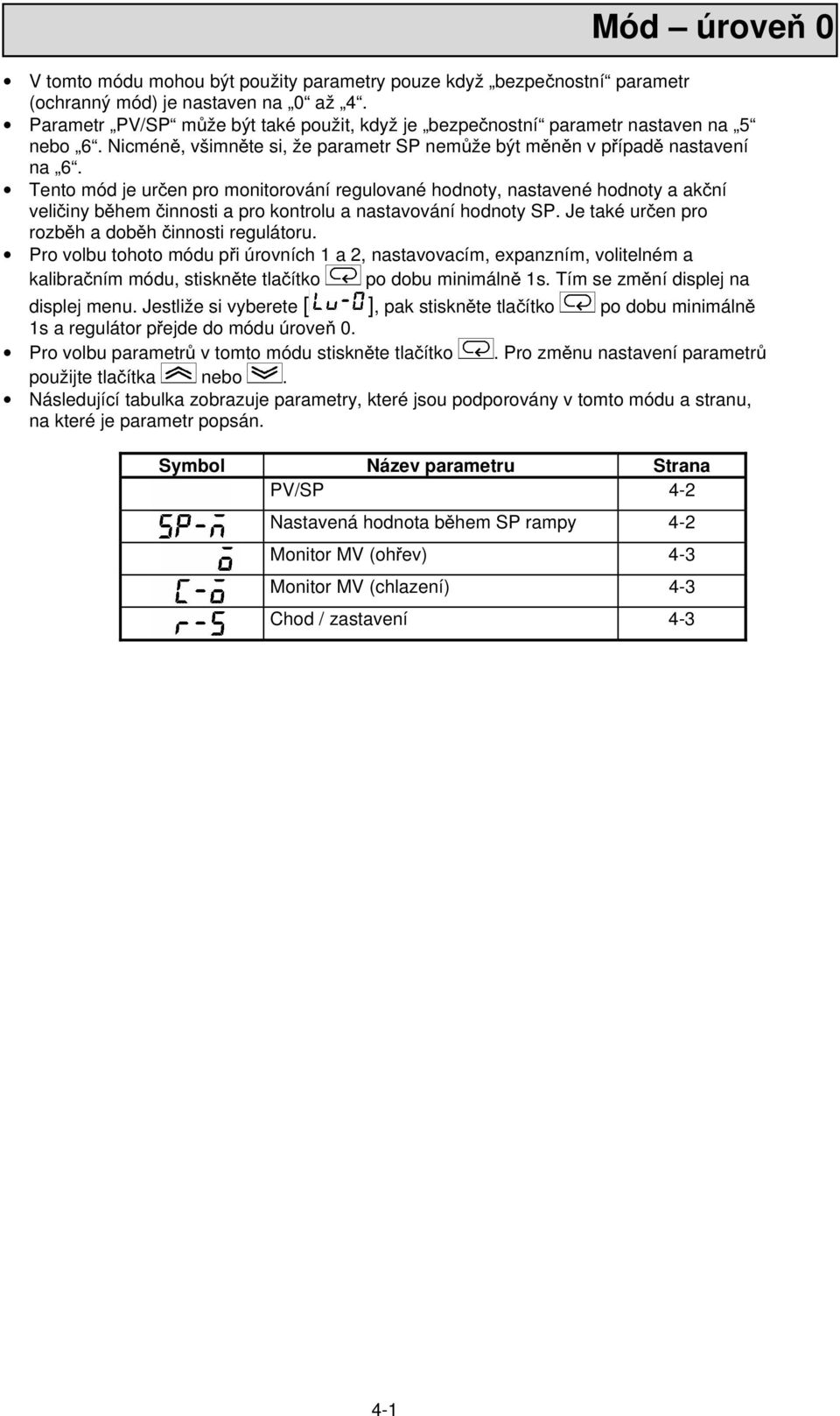 Tento mód je určen pro monitorování regulované hodnoty, nastavené hodnoty a akční veličiny během činnosti a pro kontrolu a nastavování hodnoty SP. Je také určen pro rozběh a doběh činnosti regulátoru.