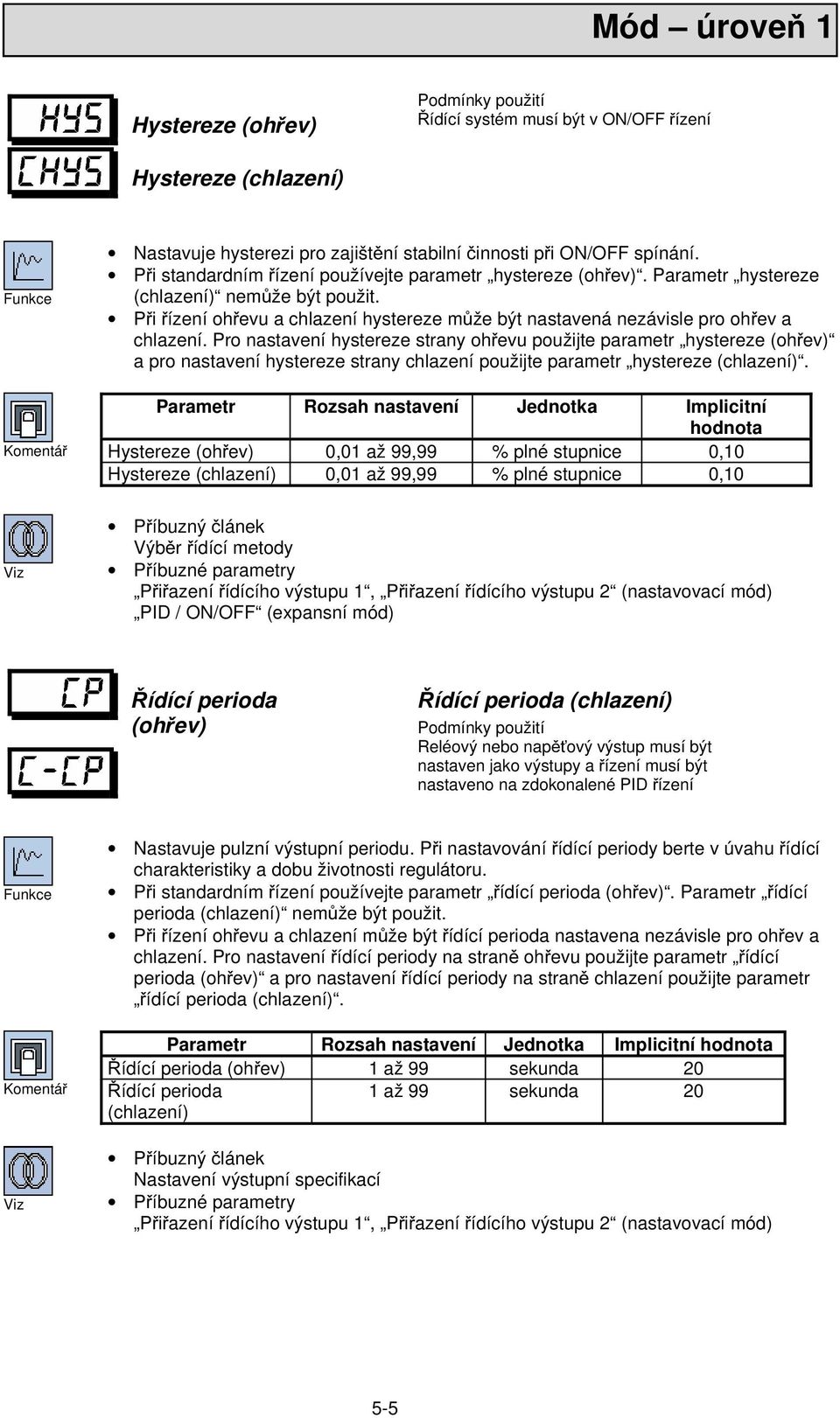 Pro nastavení hystereze strany ohřevu použijte parametr hystereze (ohřev) a pro nastavení hystereze strany chlazení použijte parametr hystereze (chlazení).