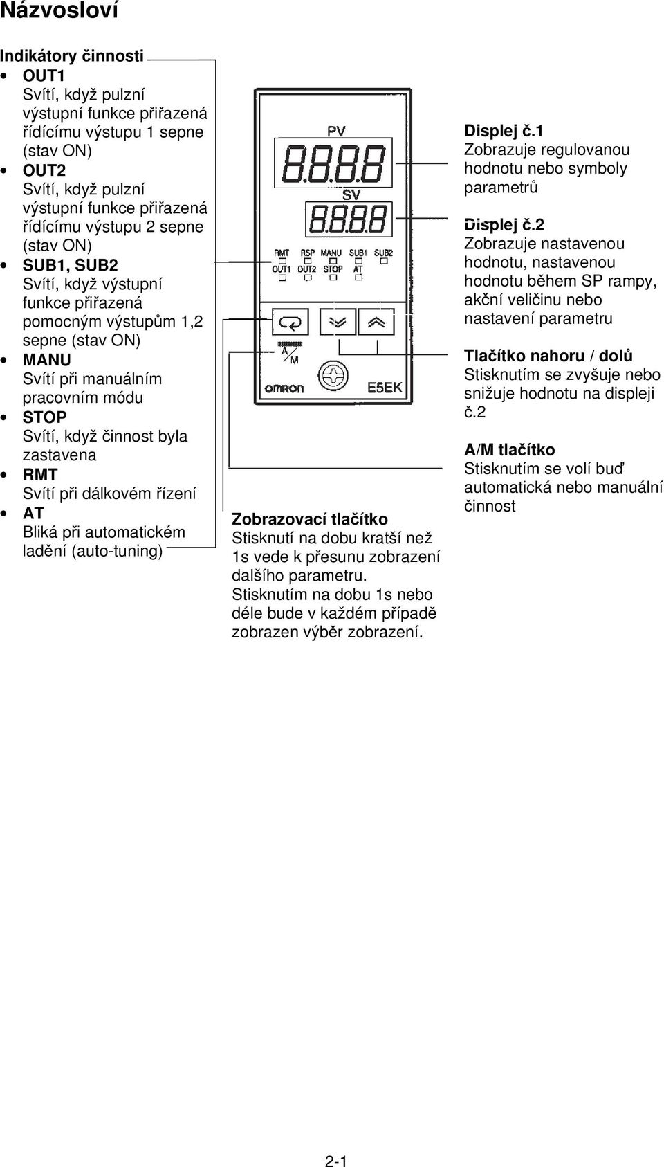 řízení AT Bliká při automatickém ladění (auto-tuning) Zobrazovací tlačítko Stisknutí na dobu kratší než 1s vede k přesunu zobrazení dalšího parametru.