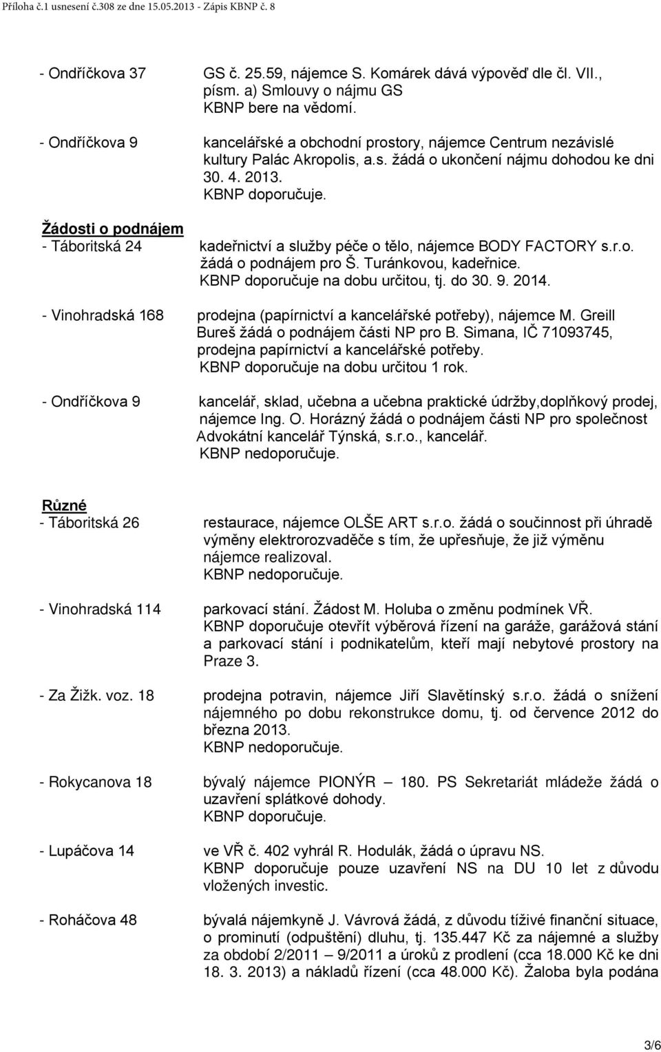 Žádosti o podnájem - Táboritská 24 kadeřnictví a služby péče o tělo, nájemce BODY FACTORY s.r.o. žádá o podnájem pro Š. Turánkovou, kadeřnice. KBNP doporučuje na dobu určitou, tj. do 30. 9. 2014.