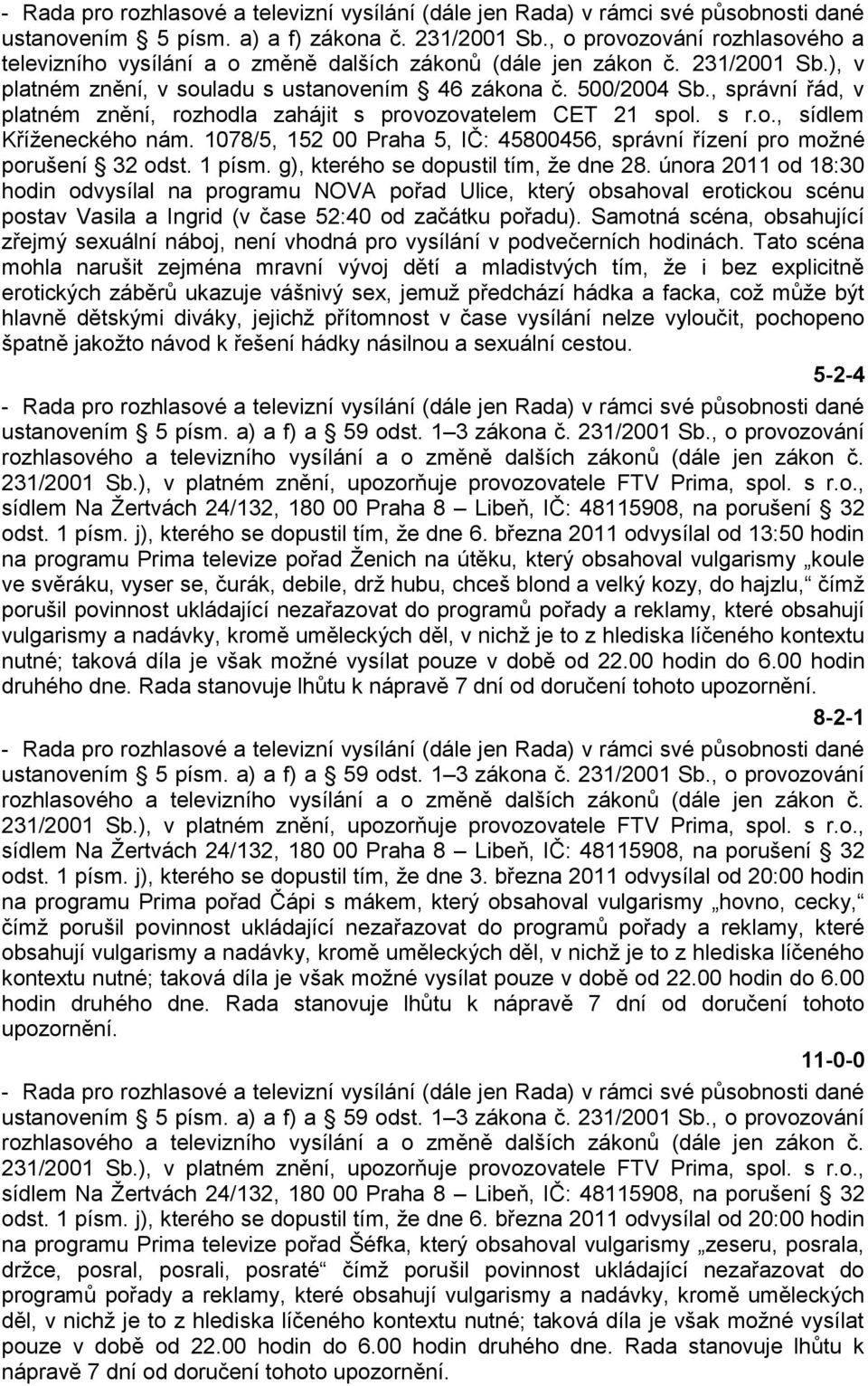 1078/5, 152 00 Praha 5, IČ: 45800456, správní řízení pro moţné porušení 32 odst. 1 písm. g), kterého se dopustil tím, ţe dne 28.