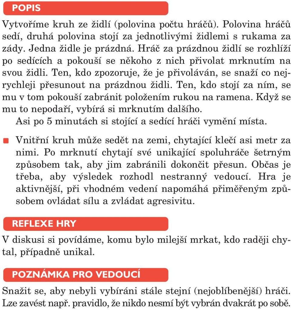 Ten, kdo stojí za ním, se mu v tom pokouší zabránit položením rukou na ramena. Když se mu to nepodaří, vybírá si mrknutím dalšího. Asi po 5 minutách si stojící a sedící hráči vymění místa.