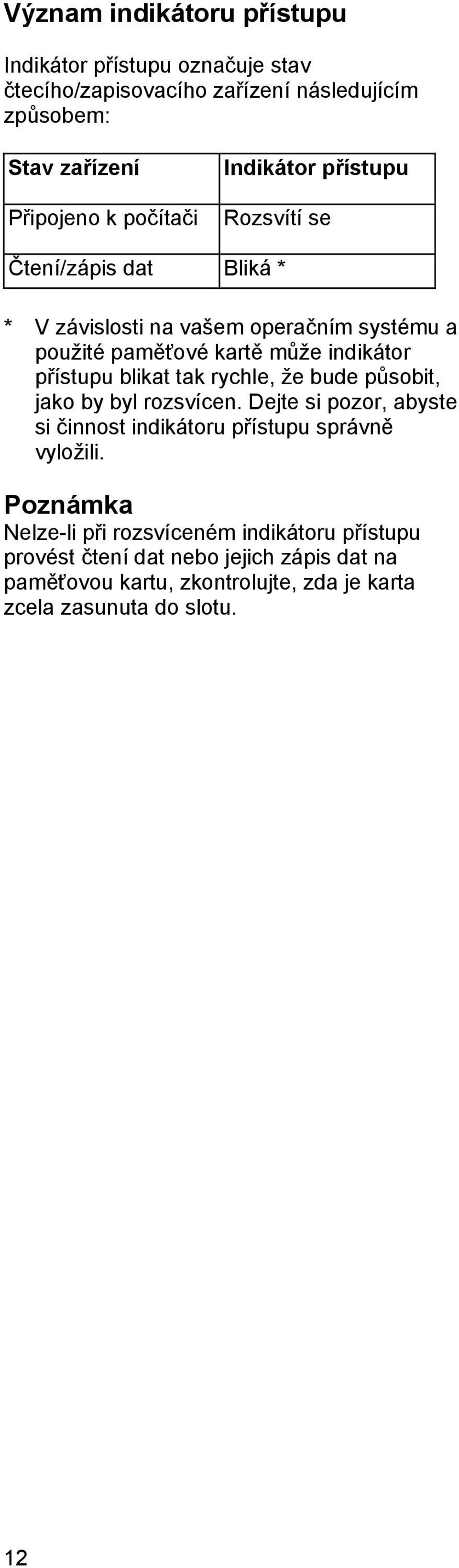 blikat tak rychle, že bude působit, jako by byl rozsvícen. Dejte si pozor, abyste si činnost indikátoru přístupu správně vyložili.