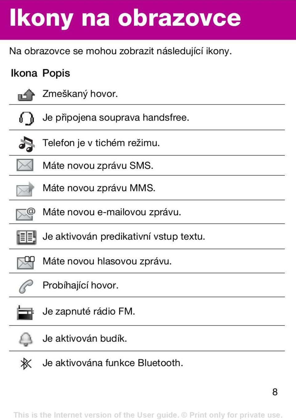 Máte novou zprávu MMS. Máte novou e-mailovou zprávu. Je aktivován predikativní vstup textu.