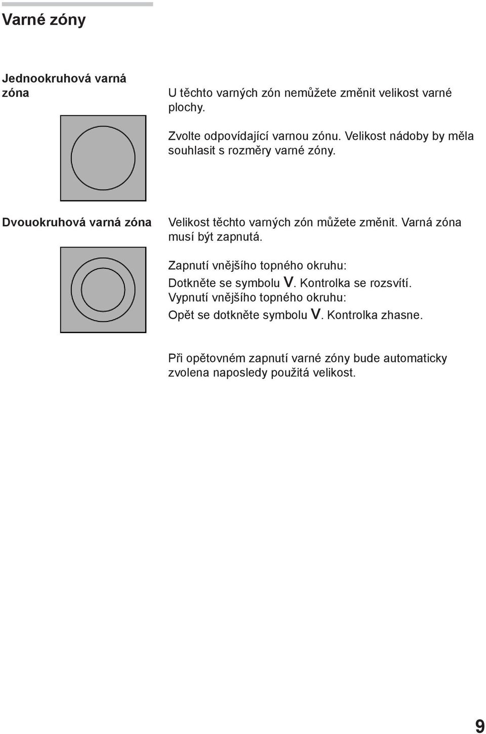 Varná zóna musí být zapnutá. Zapnutí vnějšího topného okruhu: Dotkněte se symbolu V. Kontrolka se rozsvítí.