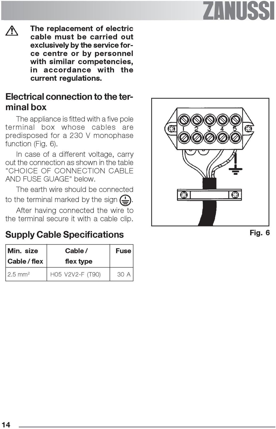 In case of a different voltage, carry out the connection as shown in the table "CHOICE OF CONNECTION CABLE AND FUSE GUAGE" below.