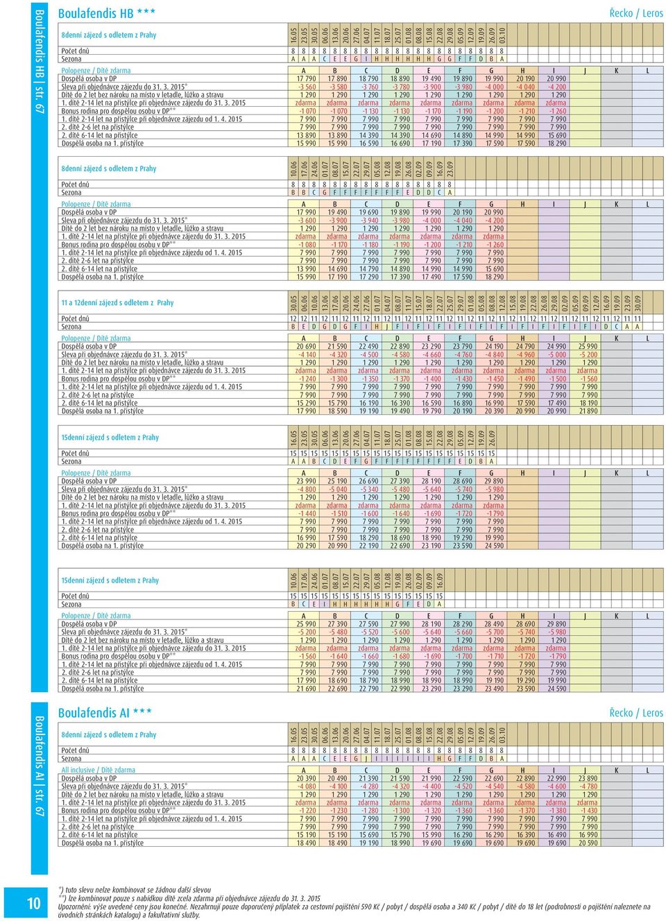 17 890 18 790 18 890 19 490 19 890 19 990 20 190 20 990 Sleva při objednávce zájezdu do 31. 3. 2015* -3 560-3 580-3 760-3 780-3 900-3 980-4 000-4 040-4 200 1 290 1.