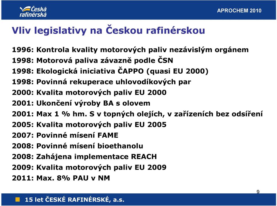 Ukončení výroby BA s olovem 2001: Max 1 % hm.