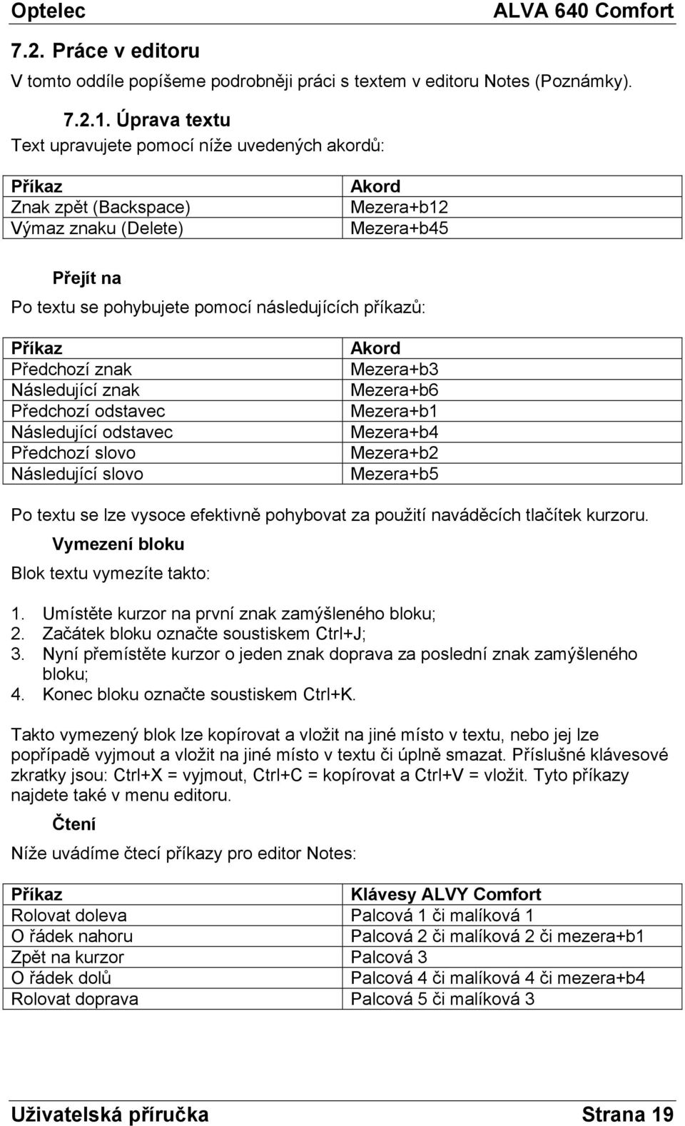 Příkaz Předchozí znak Následující znak Předchozí odstavec Následující odstavec Předchozí slovo Následující slovo Akord Mezera+b3 Mezera+b6 Mezera+b1 Mezera+b4 Mezera+b2 Mezera+b5 Po textu se lze