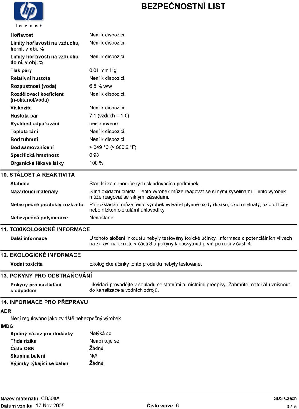 1 (vzduch = 1,0) Rychlost odpařování Teplota tání Bod tuhnutí Bod samovznícení Specifická hmotnost 0.98 Organické těkavé látky 100 % 10. STÁLOST A REAKTIVITA nestanoveno > 349 C (> 660.