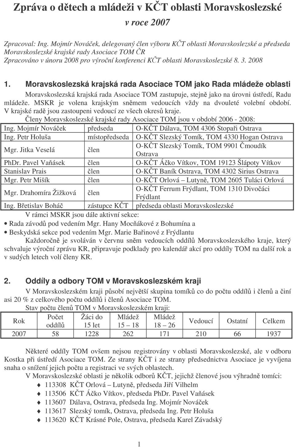 2008 1. Moravskoslezská krajská rada Asociace TOM jako Rada mládeže oblasti Moravskoslezská krajská rada Asociace TOM zastupuje, stejn jako na úrovni ústedí, Radu mládeže.