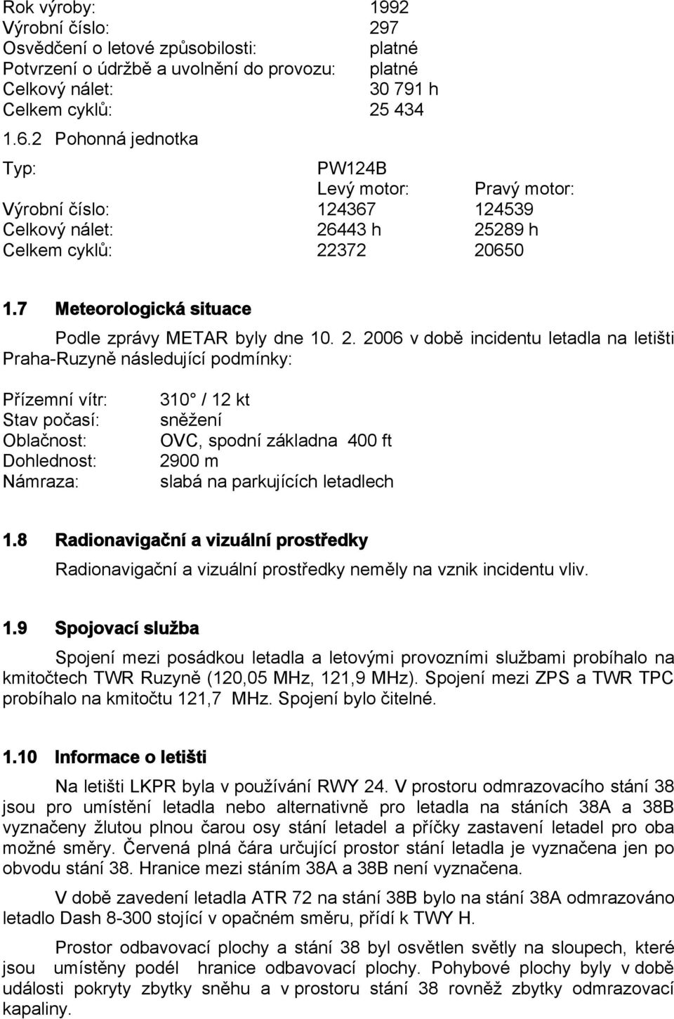 2. 2006 v době incidentu letadla na letišti Praha-Ruzyně následující podmínky: Přízemní vítr: Stav počasí: Oblačnost: Dohlednost: Námraza: 310 / 12 kt sněžení OVC, spodní základna 400 ft 2900 m slabá