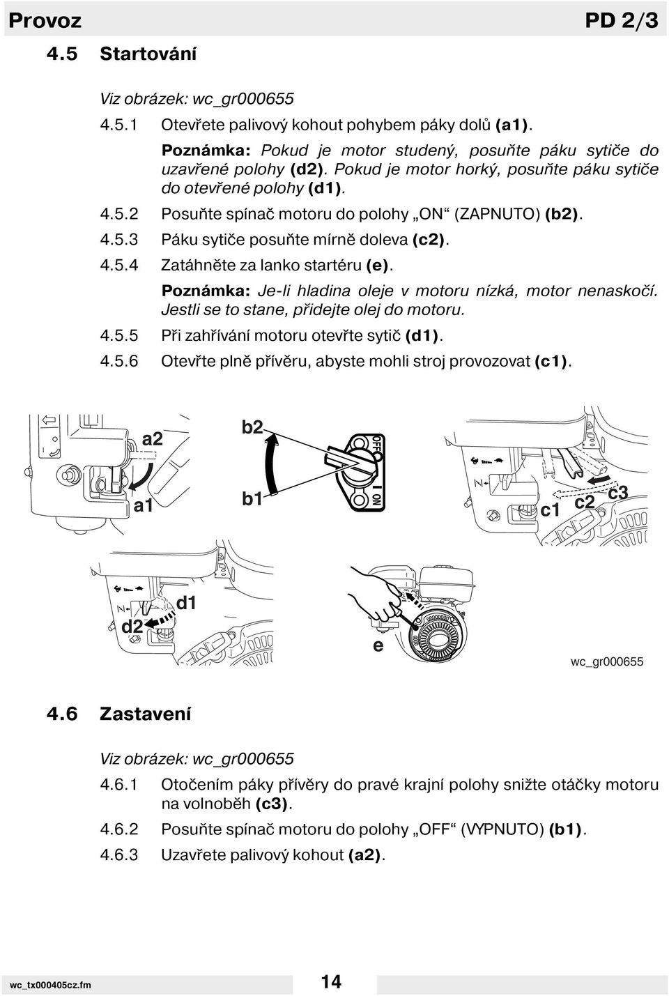 Poznámka: Je-li hladina oleje v motoru n zká, motor nenaskoč. Jestli se to stane, přidejte olej do motoru. 4.5.5 Při zahř ván motoru otevřte sytič (d1). 4.5.6 Otevřte plně př věru, abyste mohli stroj provozovat (c1).