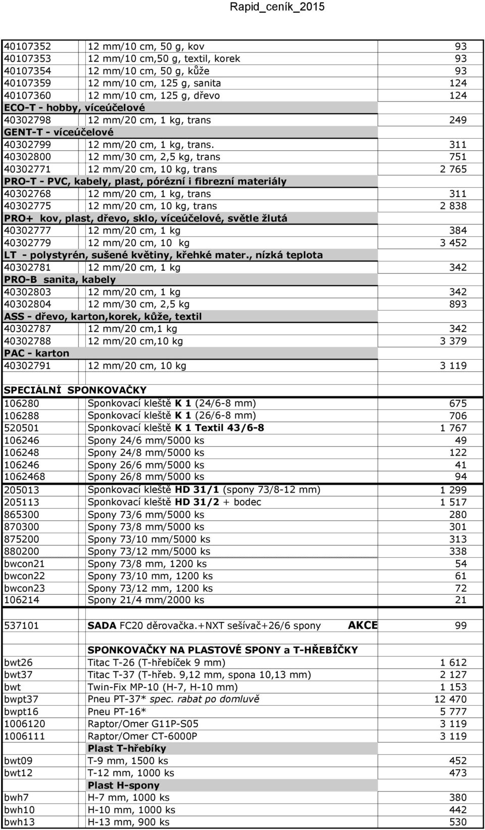 311 40302800 12 mm/30 cm, 2,5 kg, trans 751 40302771 12 mm/20 cm, 10 kg, trans 2 765 PRO-T - PVC, kabely, plast, pórézní i fibrezní materiály 40302768 12 mm/20 cm, 1 kg, trans 311 40302775 12 mm/20