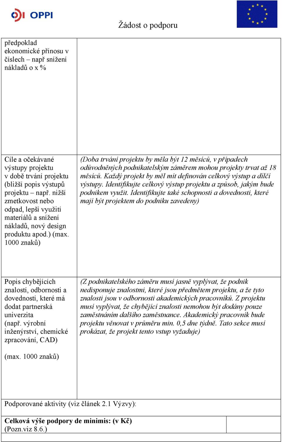 1000 znaků) (Doba trvání projektu by měla být 12 měsíců, v případech odůvodněných podnikatelským záměrem mohou projekty trvat až 18 měsíců.