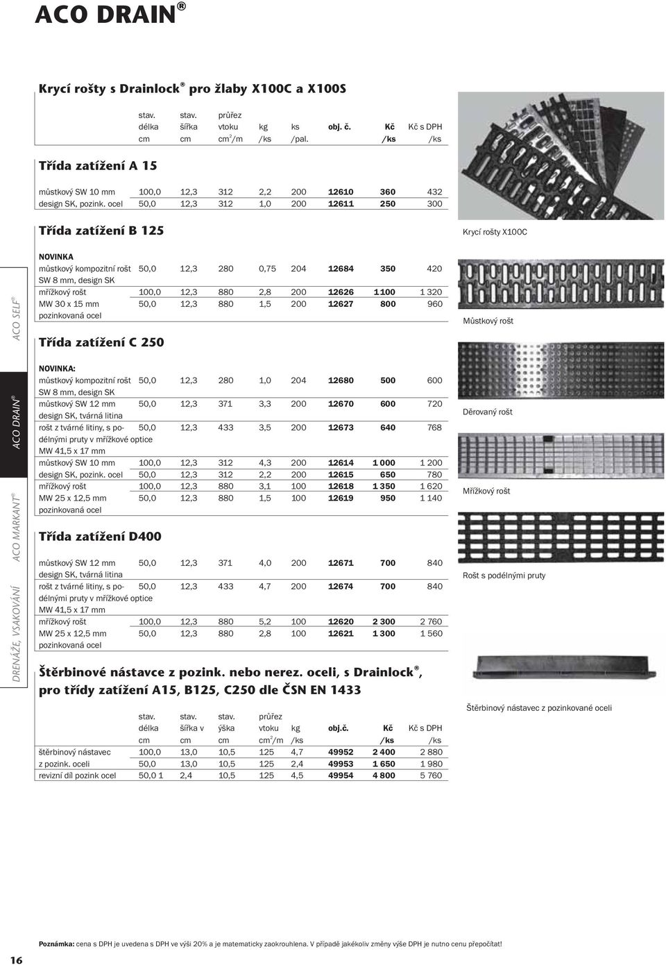 ocel 50,0 12,3 312 1,0 200 12611 250 300 Třída zatížení B 125 Krycí rošty X100C DRENÁŽE, VSAKOVÁNÍ ACO MARKANT ACO DRAIN ACO SELF NOVINKA můstkový kompozitní rošt 50,0 12,3 280 0,75 204 12684 350 420