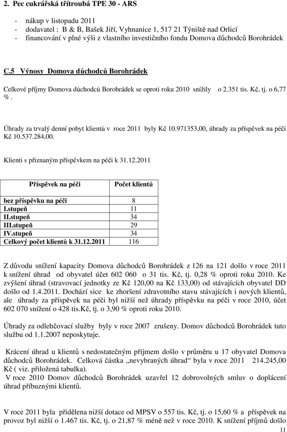 Úhrady za trvalý denní pobyt klientů v roce 2011 byly Kč 10.971353,00, úhrady za příspěvek na péči Kč 10.537.284,00. Klienti s přiznaným příspěvkem na péči k 31.12.