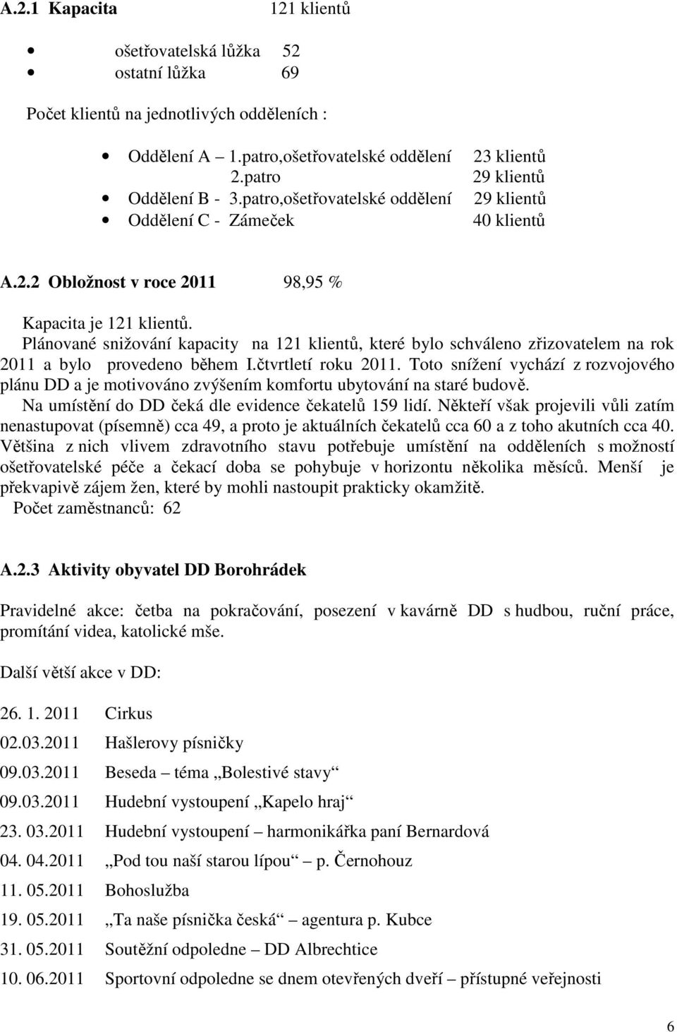 Plánované snižování kapacity na 121 klientů, které bylo schváleno zřizovatelem na rok 2011 a bylo provedeno během I.čtvrtletí roku 2011.