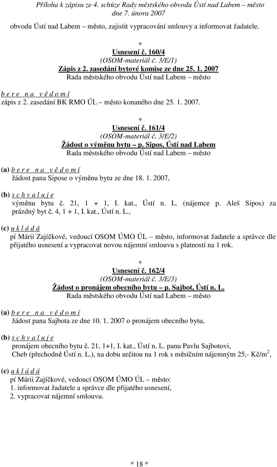 21, 1 + 1, I. kat., Ústí n. L. (nájemce p. Aleš Sipos) za prázdný byt č. 4, 1 + 1, I. kat., Ústí n. L., pí Márii Zajíčkové, vedoucí OSOM ÚMO ÚL město, informovat žadatele a správce dle přijatého usnesení a vypracovat novou nájemní smlouvu s platností na 1 rok.