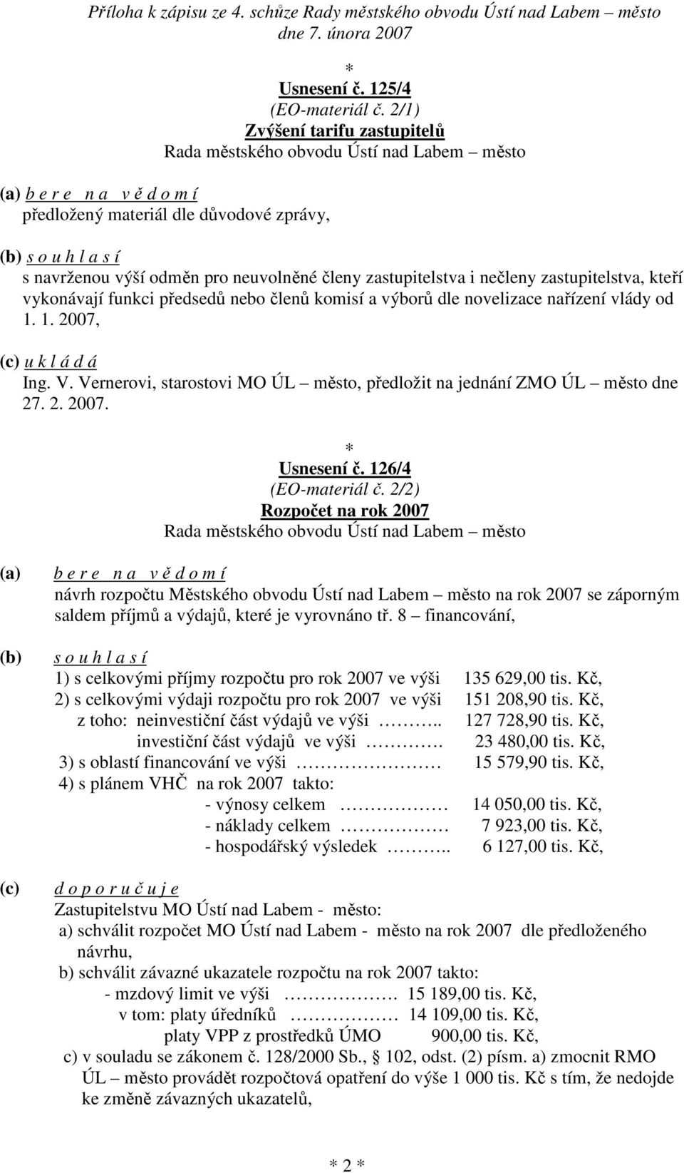 funkci předsedů nebo členů komisí a výborů dle novelizace nařízení vlády od 1. 1. 2007, Ing. V. Vernerovi, starostovi MO ÚL město, předložit na jednání ZMO ÚL město dne 27. 2. 2007. Usnesení č.