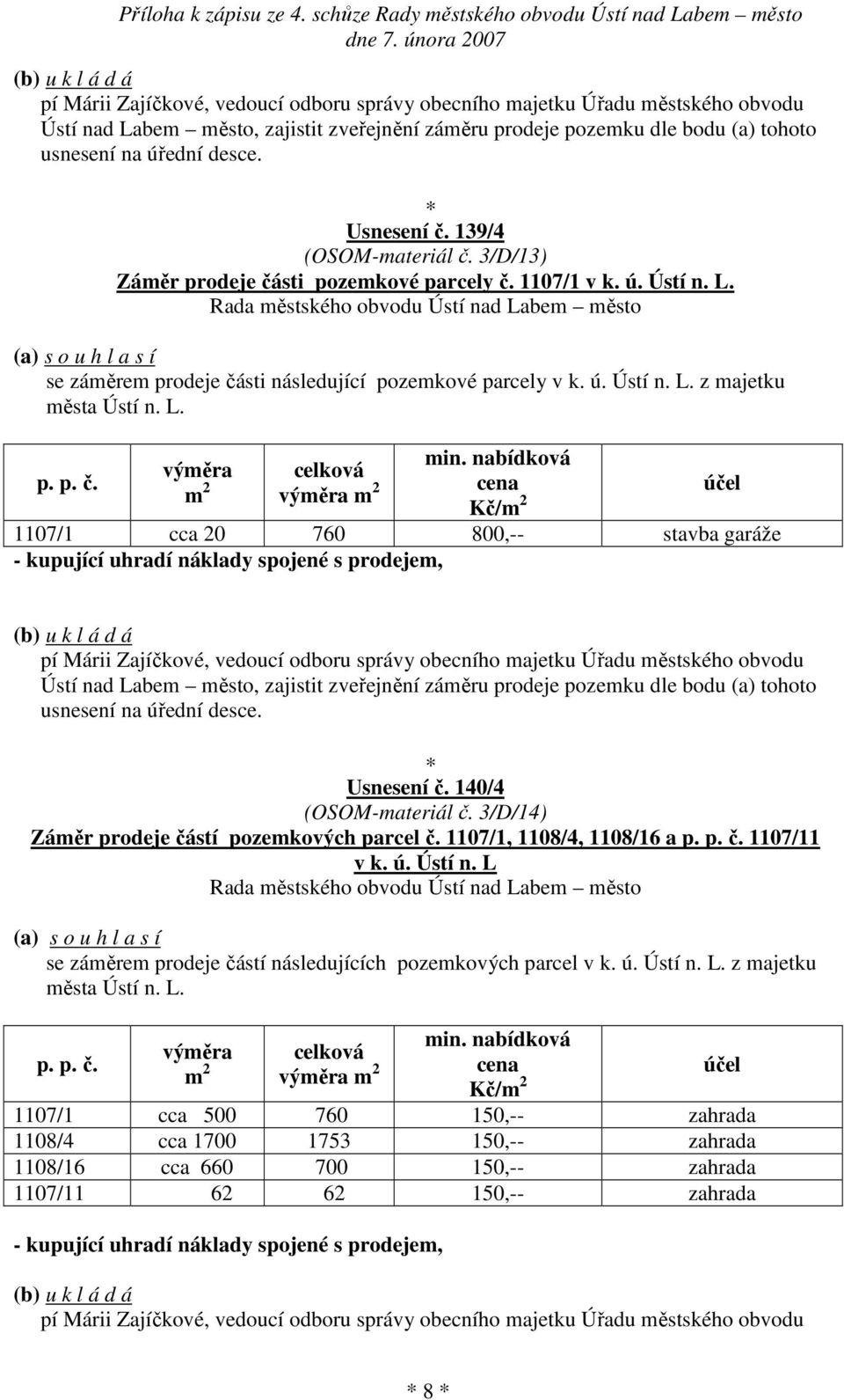 L. p. p. č. výměra výměra min. nabídková Kč/ 1107/1 cca 20 760 800,-- stavba garáže - kupující uhradí náklady spojené s prodejem,  Usnesení č. 140/4 (OSOM-materiál č.