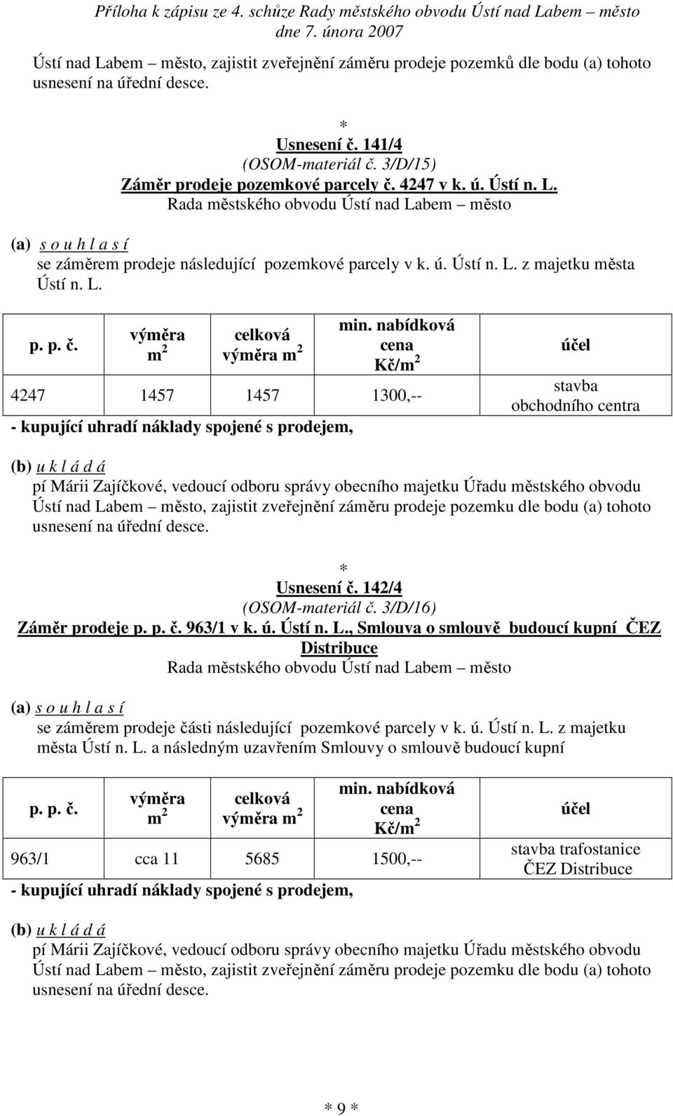 nabídková Kč/ 4247 1457 1457 1300,-- - kupující uhradí náklady spojené s prodejem, stavba obchodního centra pí Márii Zajíčkové, vedoucí odboru správy obecního majetku Úřadu městského obvodu Ústí nad