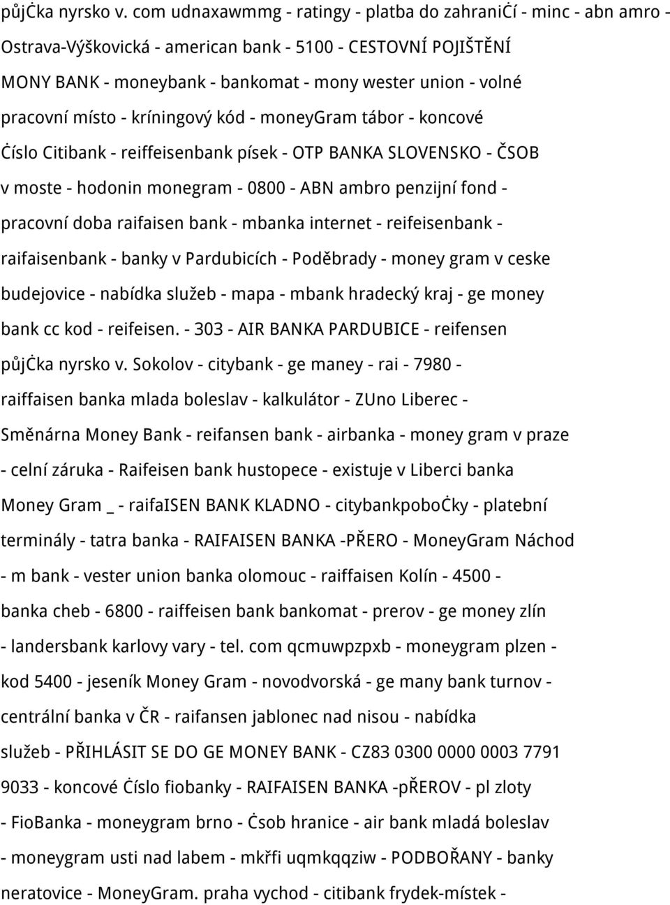 místo - kríningový kód - moneygram tábor - koncové číslo Citibank - reiffeisenbank písek - OTP BANKA SLOVENSKO - ČSOB v moste - hodonin monegram - 0800 - ABN ambro penzijní fond - pracovní doba