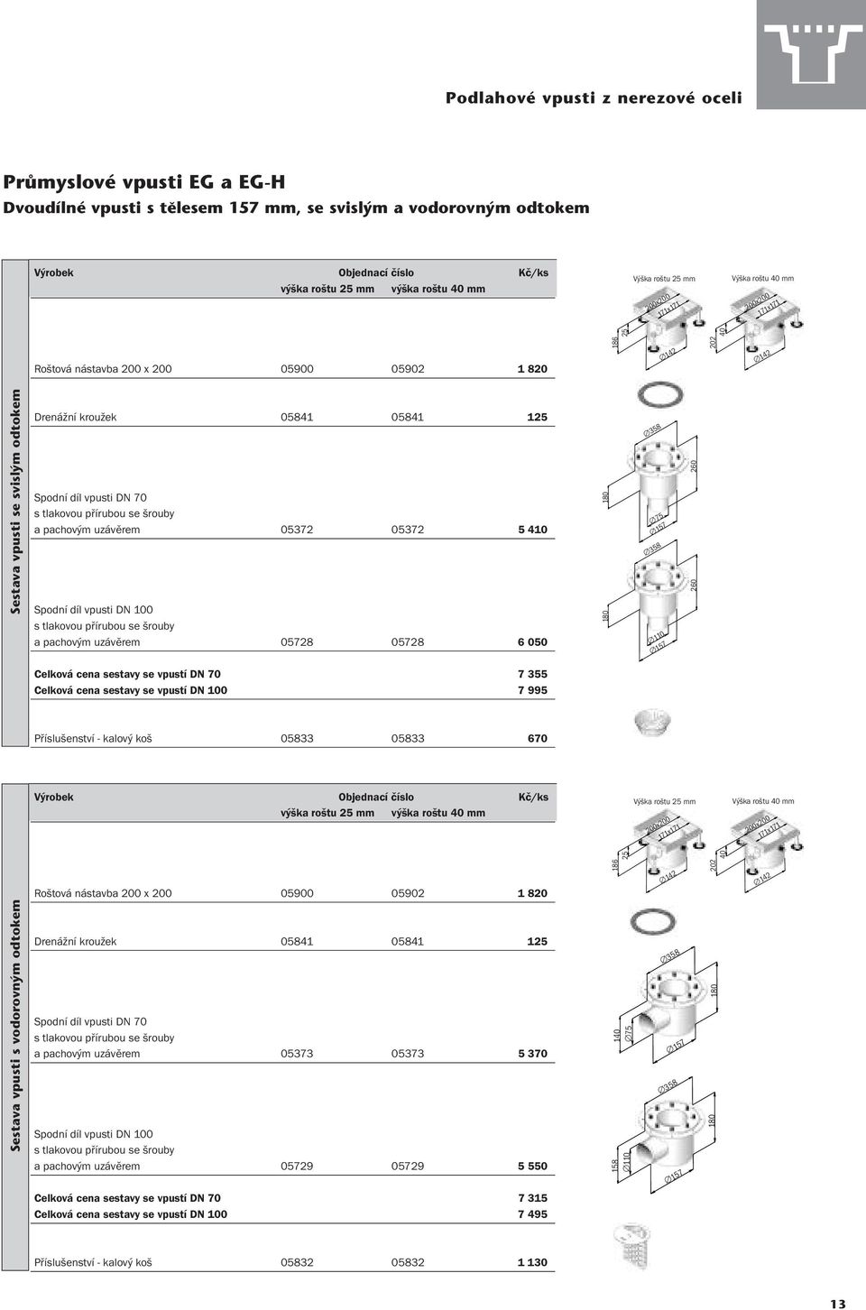125 Spodní díl vpusti DN 70 s tlakovou přírubou se šrouby a pachovým uzávěrem 05372 05372 5 410 Spodní díl vpusti DN 100 s tlakovou přírubou se šrouby a pachovým uzávěrem 05728 05728 6 050 180 180
