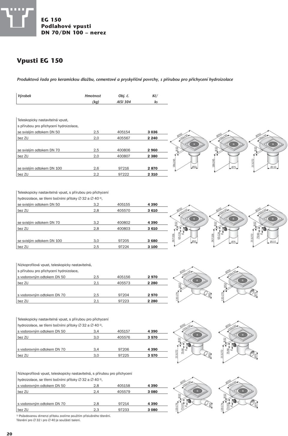 2,5 400806 2 960 8-52 8-52 8-52 bez ZU 2,0 400807 2 380 se svislým odtokem DN 100 2,6 97216 2 870 bez ZU 2,2 97222 2 310 186-245 Ø50 186-245 Ø75 213-272 Teleskopicky nastavitelná vpust, s přírubou