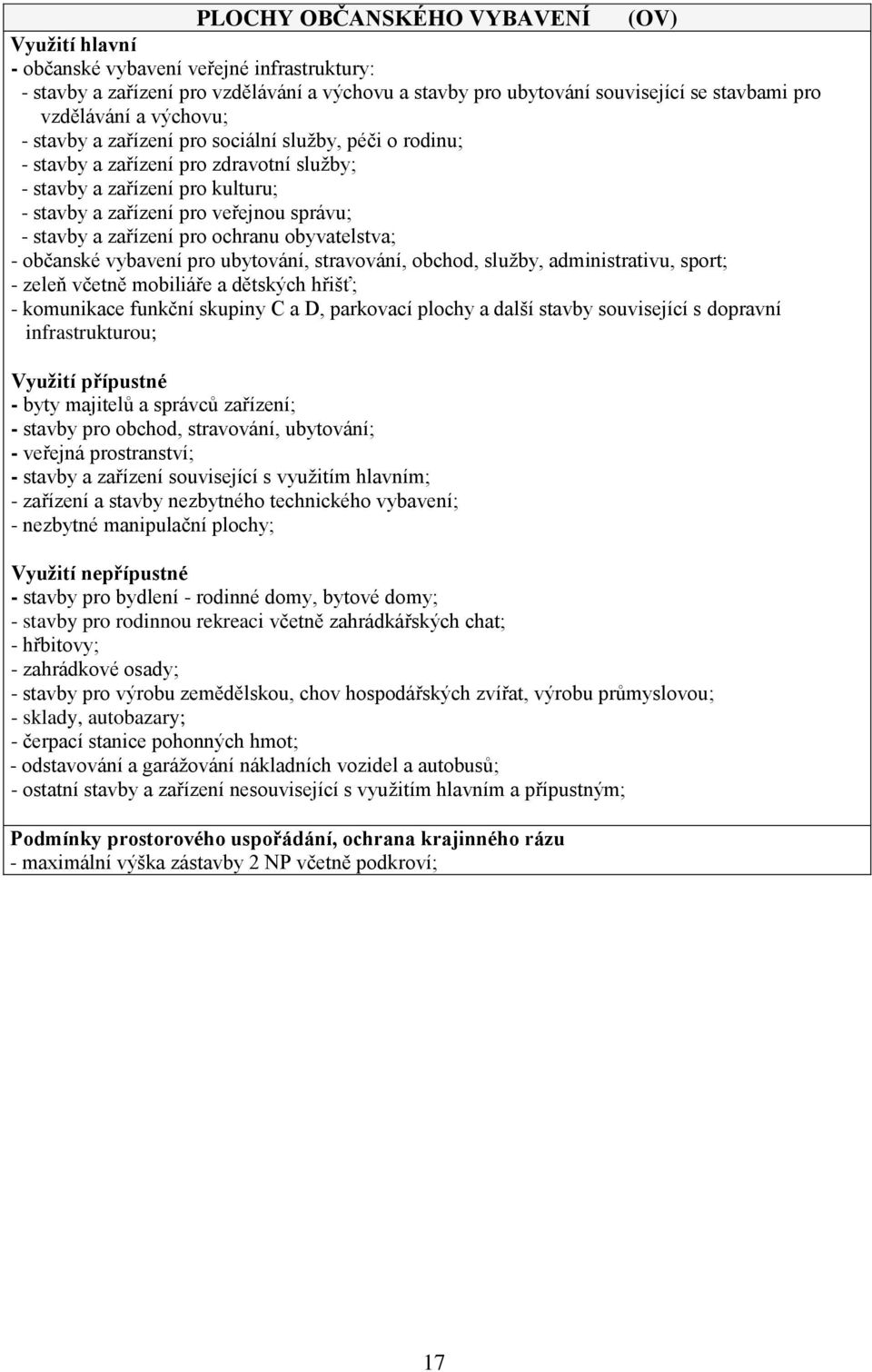 zařízení pro ochranu obyvatelstva; - občanské vybavení pro ubytování, stravování, obchod, služby, administrativu, sport; - zeleň včetně mobiliáře a dětských hřišť; - komunikace funkční skupiny C a D,