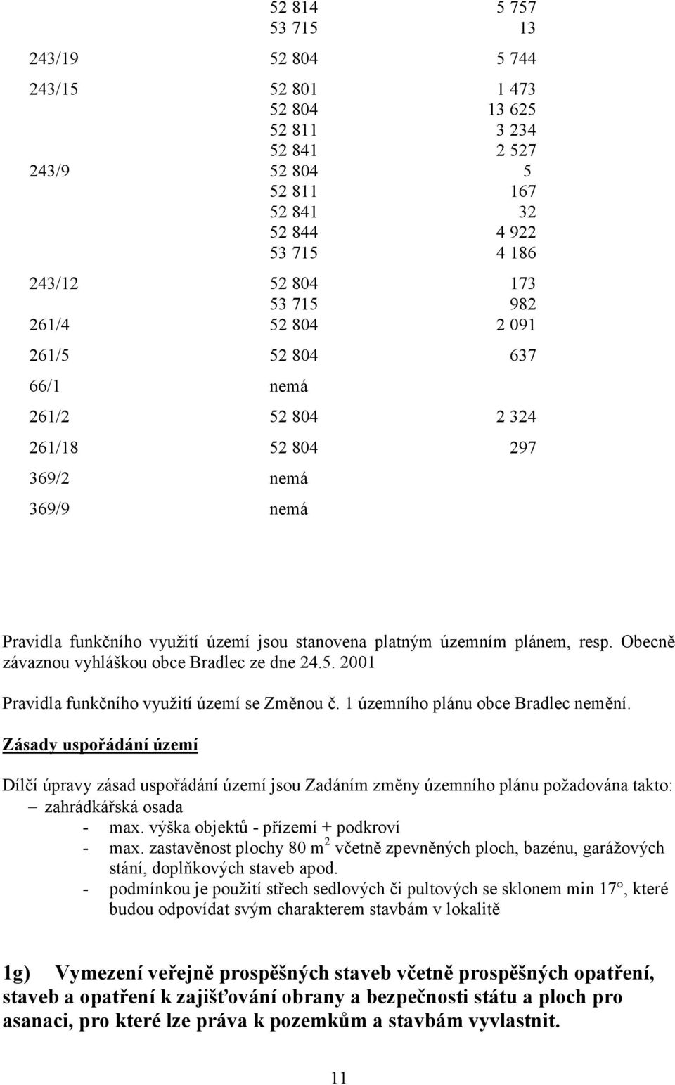 Obecně závaznou vyhláškou obce Bradlec ze dne 24.5. 2001 Pravidla funkčního využití území se Změnou č. 1 územního plánu obce Bradlec nemění.