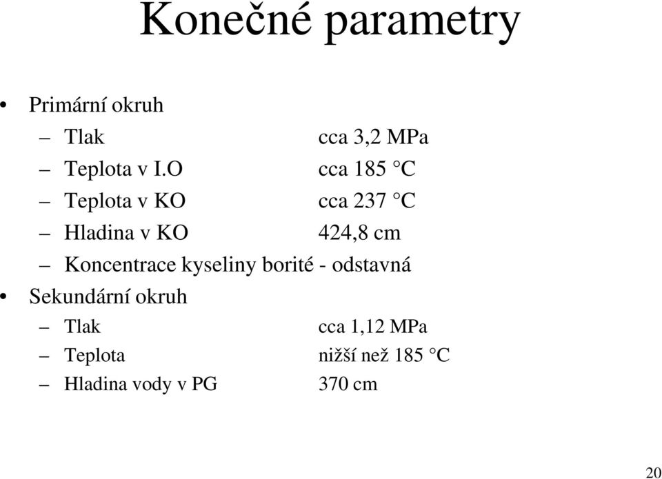 Koncentrace kyseliny borité - odstavná Sekundární okruh Tlak