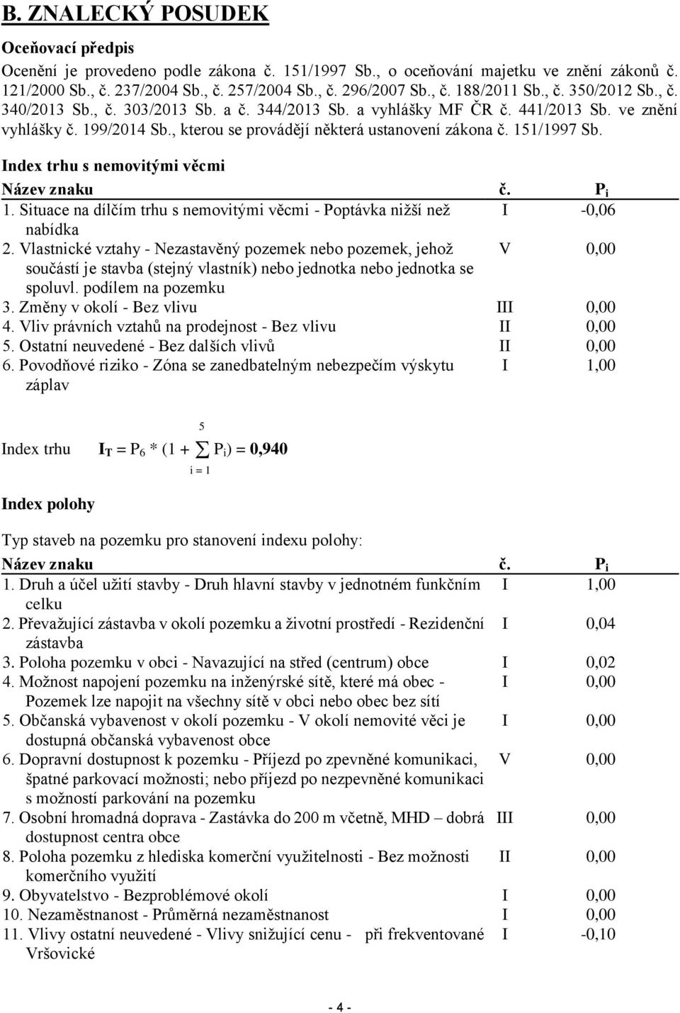 Index trhu s nemovitými věcmi Název znaku č. P i 1. Situace na dílčím trhu s nemovitými věcmi - Poptávka nižší než I -0,06 nabídka 2.