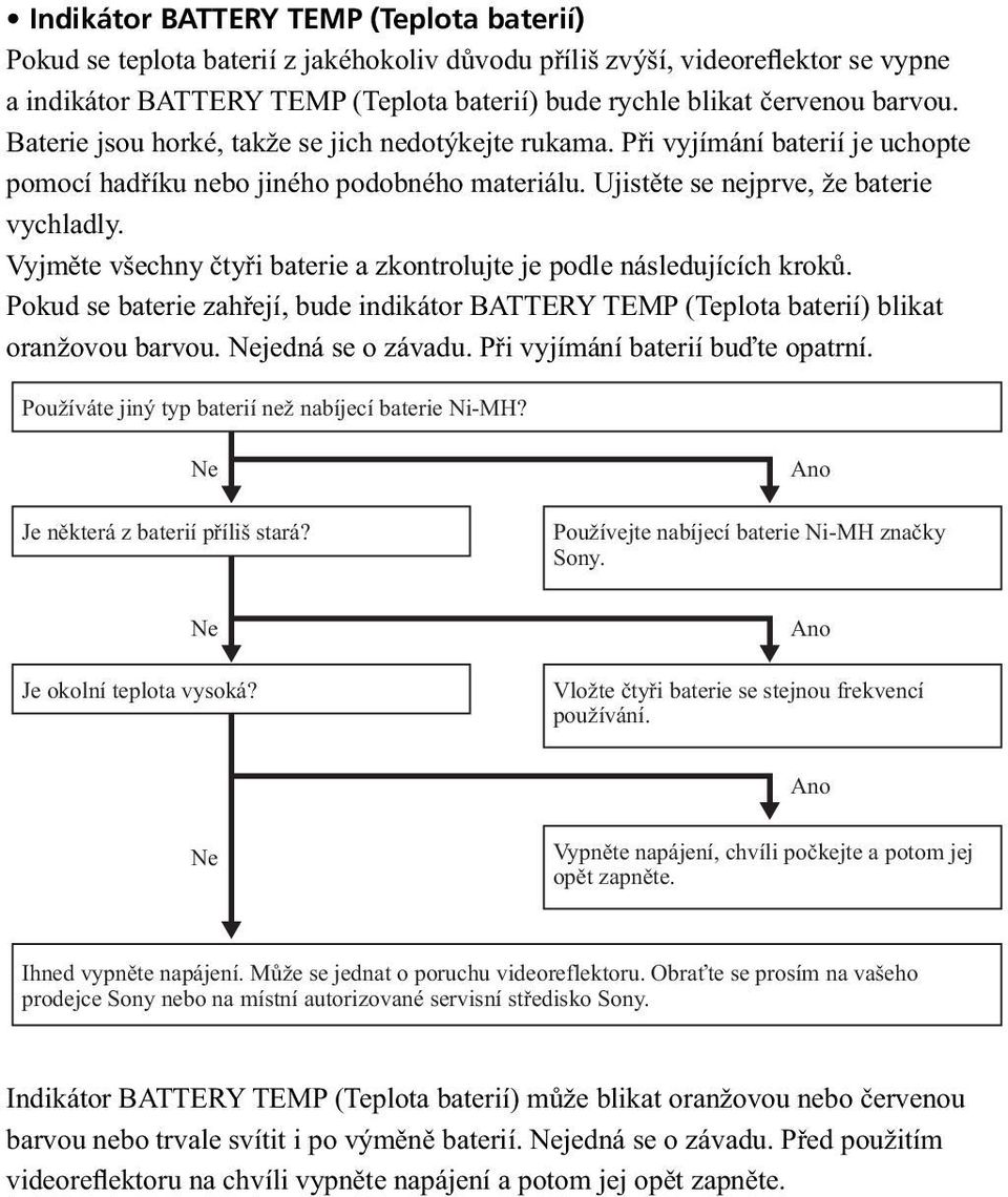 Vyjměte všechny čtyři baterie a zkontrolujte je podle následujících kroků. Pokud se baterie zahřejí, bude indikátor BATTERY TEMP (Teplota baterií) blikat oranžovou barvou. Nejedná se o závadu.