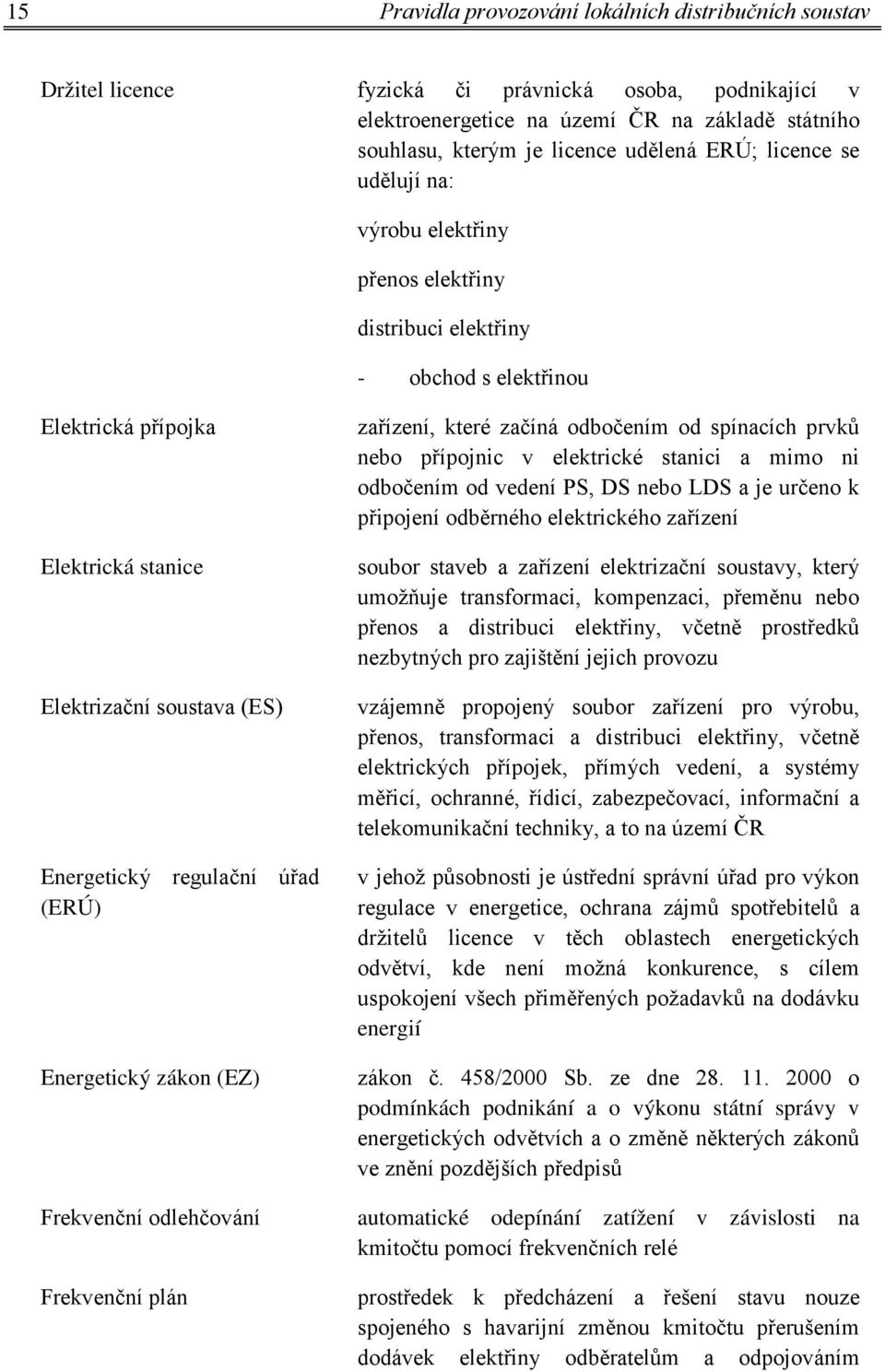 (ERÚ) Energetický zákon (EZ) Frekvenční odlehčování Frekvenční plán zařízení, které začíná odbočením od spínacích prvků nebo přípojnic v elektrické stanici a mimo ni odbočením od vedení PS, DS nebo