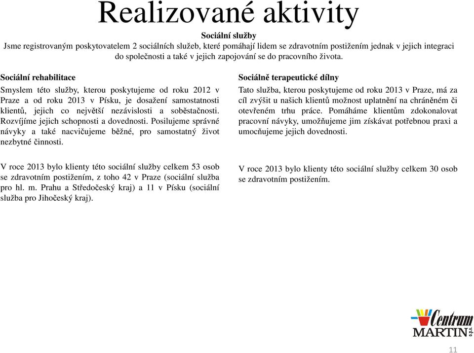 Sociální rehabilitace Smyslem této služby, kterou poskytujeme od roku 2012 v Praze a od roku 2013 v Písku, je dosažení samostatnosti klientů, jejich co největší nezávislosti a soběstačnosti.