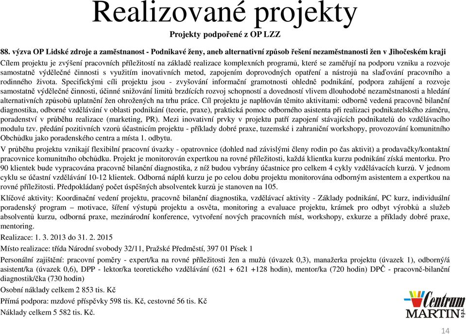 komplexních programů, které se zaměřují na podporu vzniku a rozvoje samostatně výdělečné činnosti s využitím inovativních metod, zapojením doprovodných opatření a nástrojů na slaďování pracovního a