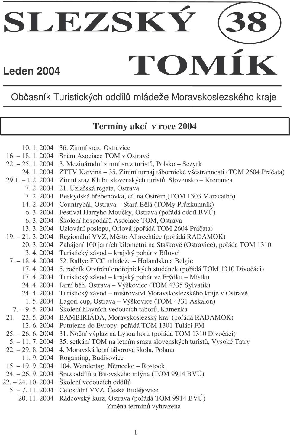 2. 2004 21. Uzlaská regata, Ostrava 7. 2. 2004 Beskydská hebenovka, cíl na Ostrém (TOM 1303 Maracaibo) 14. 2. 2004 Countrybál, Ostrava Stará Blá (TOMy Przkumník) 6. 3.