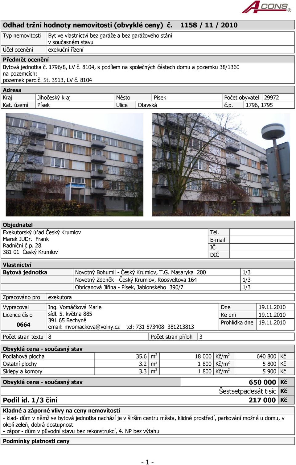 8104, s podílem na společných částech domu a pozemku 38/1360 na pozemcích: pozemek parc.č. St. 3513, LV č. 8104 Adresa Kraj Jihočeský kraj Město Písek Počet obyvatel 29972 Kat.