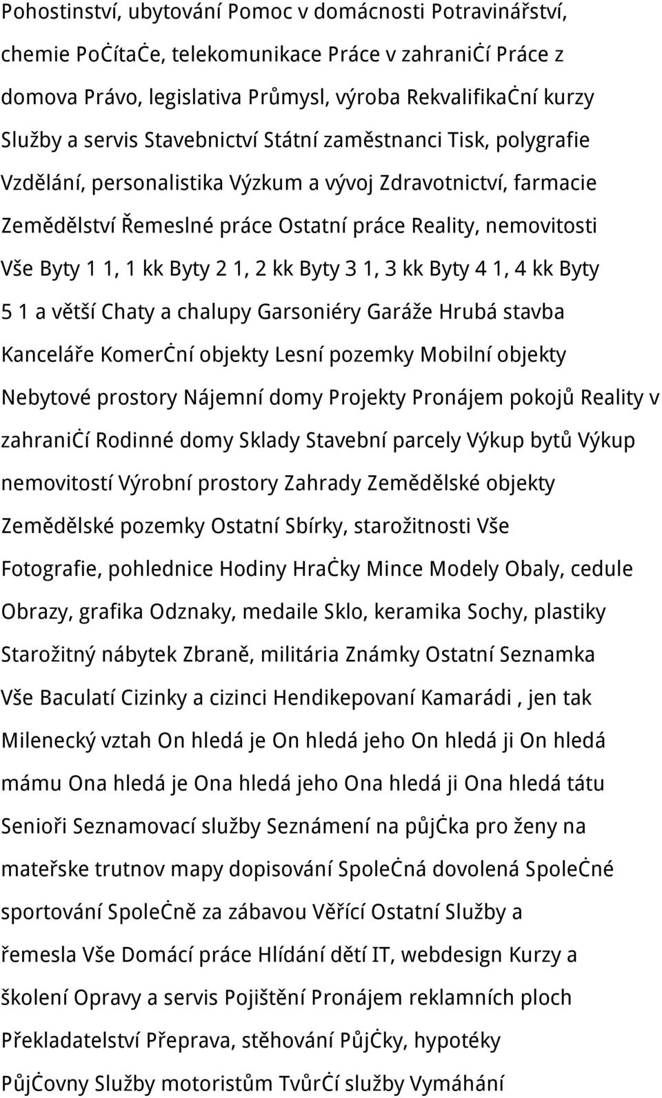 2 1, 2 kk Byty 3 1, 3 kk Byty 4 1, 4 kk Byty 5 1 a větší Chaty a chalupy Garsoniéry Garáže Hrubá stavba Kanceláře Komerční objekty Lesní pozemky Mobilní objekty Nebytové prostory Nájemní domy