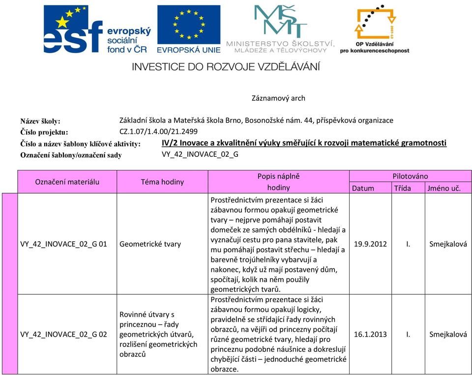 VY_42_INOVACE_02_G 01 VY_42_INOVACE_02_G 02 Téma hodiny Geometrické tvary Rovinné útvary s princeznou řady geometrických útvarů, rozlišení geometrických obrazců Popis náplně Pilotováno hodiny Datum